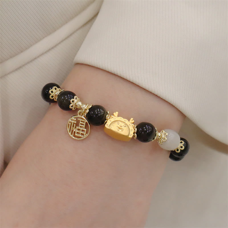 Buddha Stones Année du Dragon Agate Rouge Quartz Fraise Obsidienne Noire Jade Grenat Perle Cinabre Dumpling Dragon Luck Fu Bracelet Caractère