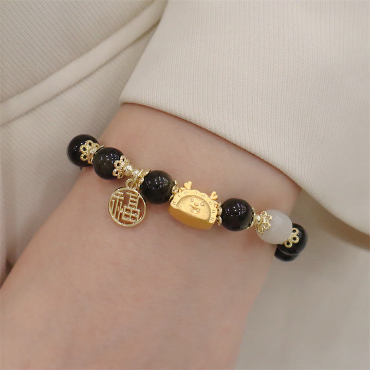 Buddha Stones Année du Dragon Agate Rouge Quartz Fraise Obsidienne Noire Jade Grenat Perle Cinabre Dumpling Dragon Luck Fu Bracelet Caractère
