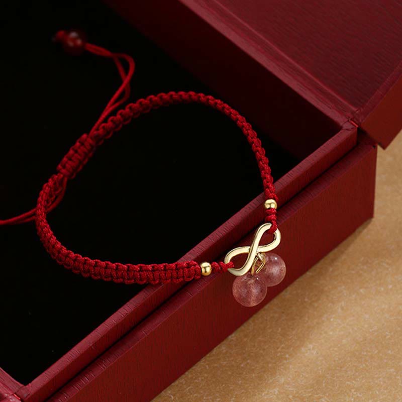 Bracelet tissé en fil rouge avec nœud sans fin en cristal de quartz fraise et Buddha Stones