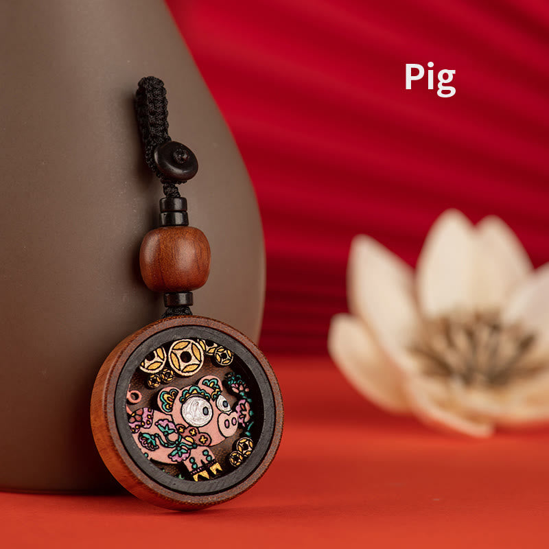 Porte-clés sculpté à la main en bois de rose avec Buddha Stones Année du Dragon Zodiaque chinois peint à la main