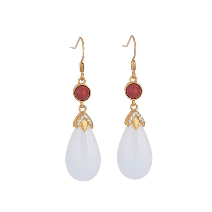 Boucles d'oreilles pendantes porte-bonheur en jade blanc Feng Shui Buddha Stones