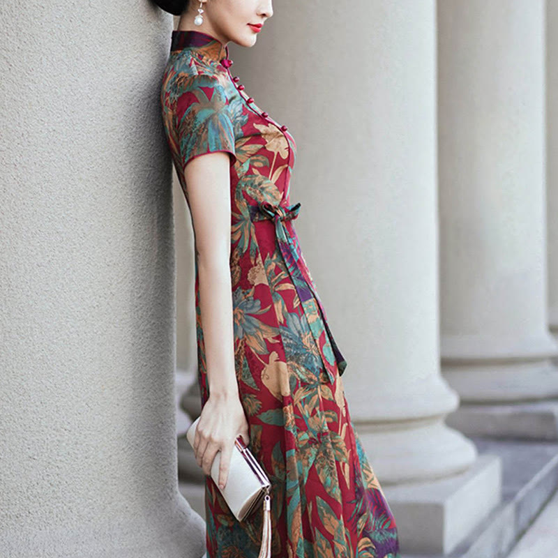 Robe Qipao en soie avec Buddha Stones, motif rétro de feuilles de fleurs, robe cheongsam pour femme