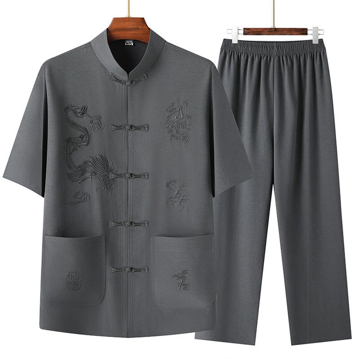 Costume Tang en Buddha Stones Hanfu Dragon chinois Uniforme de Kung Fu traditionnel Haut à manches courtes et pantalon Vêtements Ensemble pour hommes - Gris foncé - US/UK/AU44，EU54 (4XL) - image 8