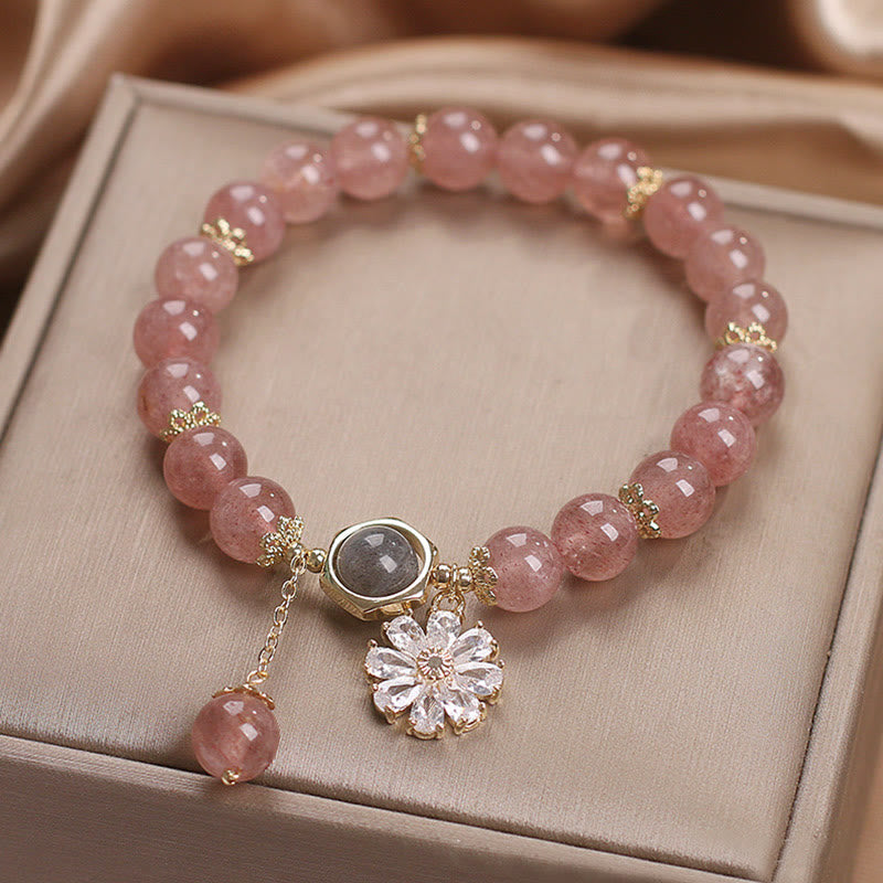 Bracelet de guérison positive avec breloque en forme de marguerite en cristal de quartz fraise naturel