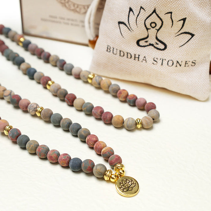 Bracelet énergétique courageux en pierre de jaspe Picasso avec 108 perles de Mala Buddha Stones