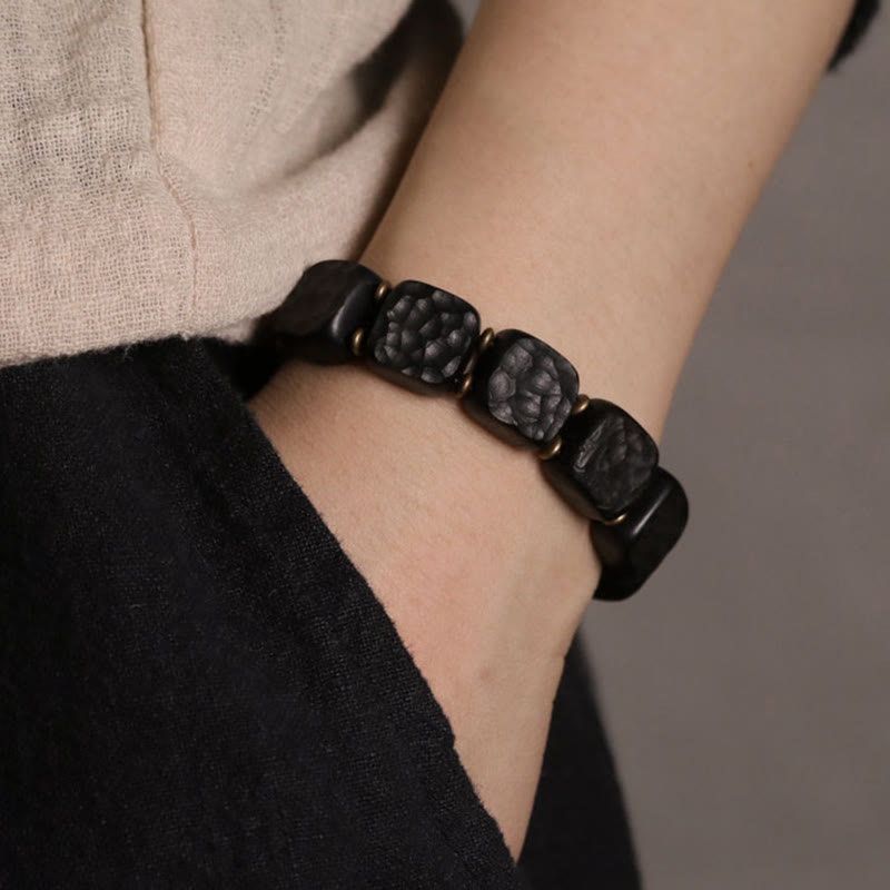 Bracelet en cuivre avec texture rétro en bois d'ébène et Buddha Stones
