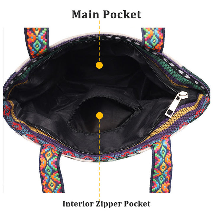 Sac fourre-tout en toile brodé de grande capacité avec Buddha Stones, éléphant et papillon