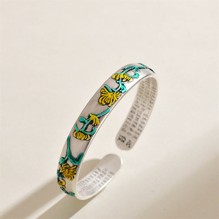 Bracelet manchette de guérison avec Buddha Stones , fleur de prunier, chrysanthème, motif de cœur Sutra