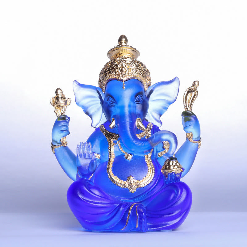 Buddha Stones faites à la main Ganesh Ganpati Figurine d'éléphant Liuli Pièce d'art en cristal Statue de protection Décoration de la maison - Ganesh Bleu et Or 11,5 x 9 x 14,5 cm - image 11
