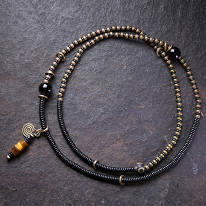 Collier pendentif en perles de Dzi en bois d'ébène et Buddha Stones en cuivre pour couple de paix