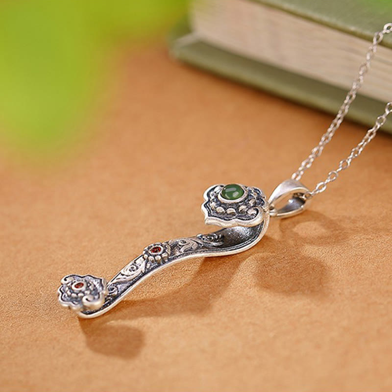 Collier pendentif en argent sterling 925 Buddha Stones, agate rouge, jade cyan, nuages de bon augure, poignée Ruyi, bénédiction