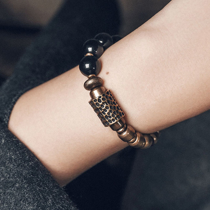 Bracelet de guérison en cuivre Buddha Stones et pierre de lave, obsidienne arc-en-ciel