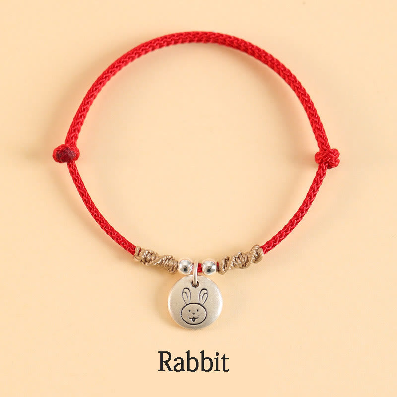 Bracelet tressé en argent sterling 999 fait main avec Buddha Stones Année du Dragon, joli signe du zodiaque chinois - Corde rouge - Lapin (tour de poignet 14-17 cm) - image 16