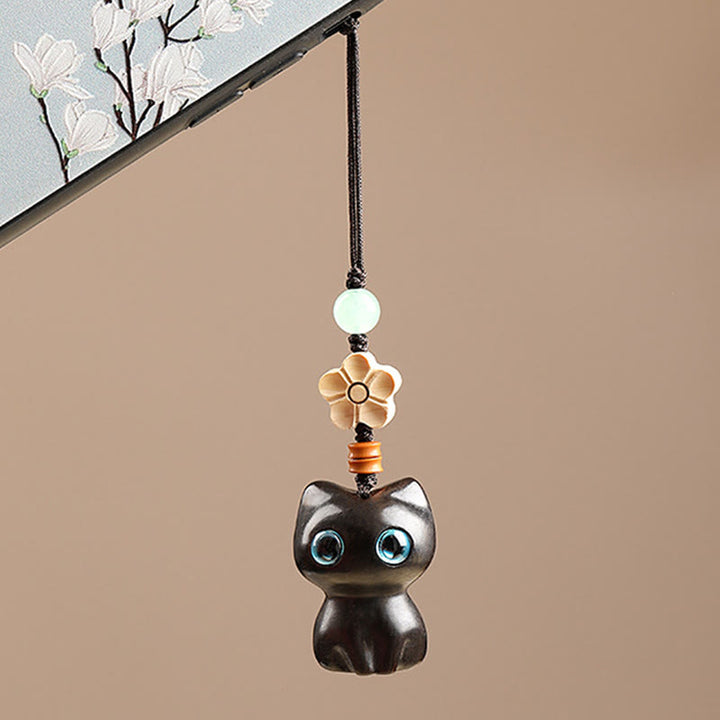 Porte Buddha Stones, mini petite feuille de bois de santal rouge, bois d'ébène, chat porte-bonheur, joli chaton, paix, décoration à suspendre pour téléphone