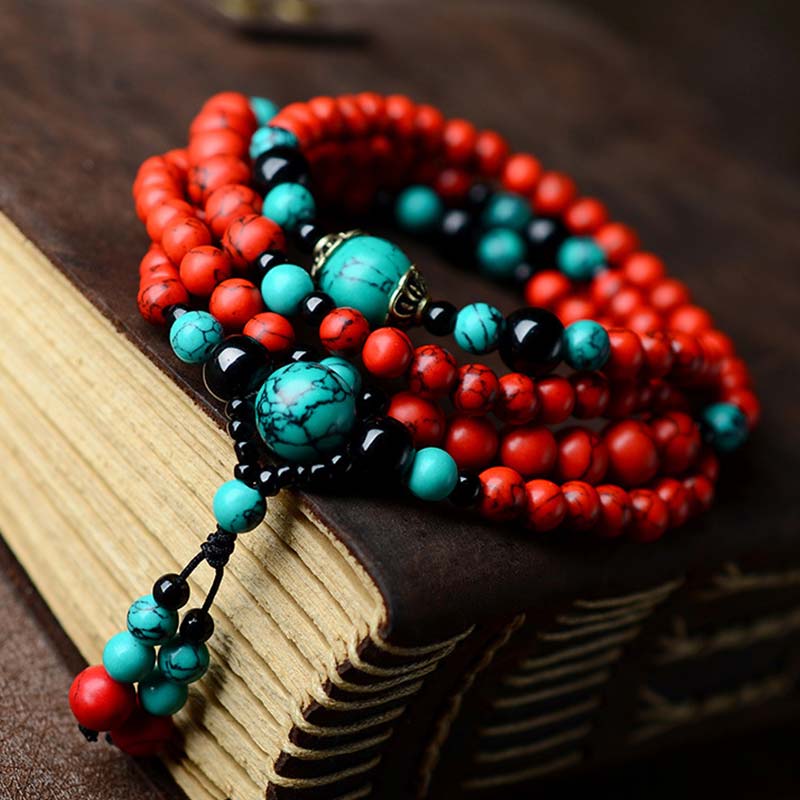 Bracelet de protection en perles de turquoise rouge et onyx noir Buddha Stones