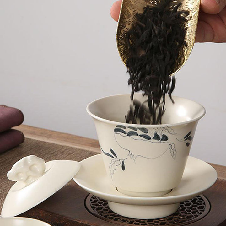 Buddha Stones peintes à la main Grenade Hibiscus Pin Lotus Céramique Gaiwan Sancai Tasse à thé Kung Fu Tasse à thé et soucoupe avec couvercle