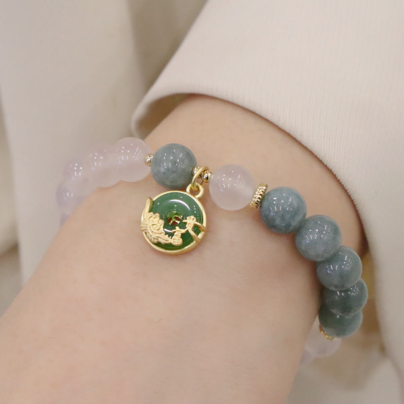 Bracelet de protection avec boucle de paix en Buddha Stones et jade blanc et fleur de lotus