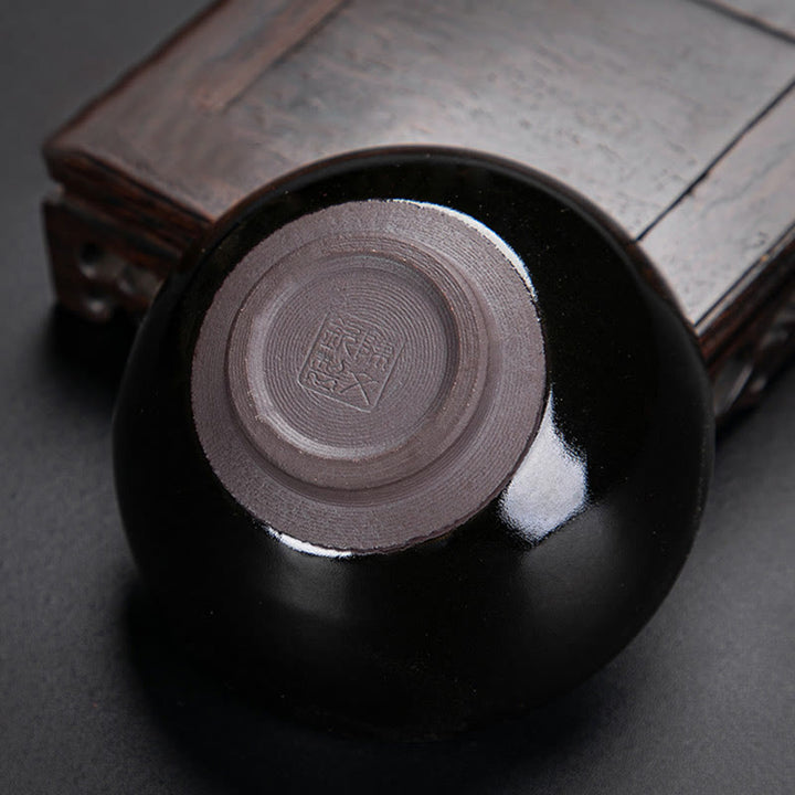 Tasse à thé en céramique chinoise Jianzhan avec feuilles d'érable dorées et Buddha Stones