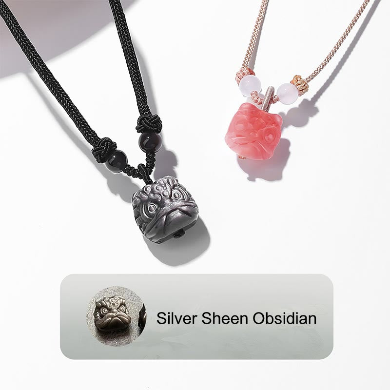 Buddha Stones Collier de protection Lion dansant en Obsidienne rouge Agate naturelle argentée Pendentif