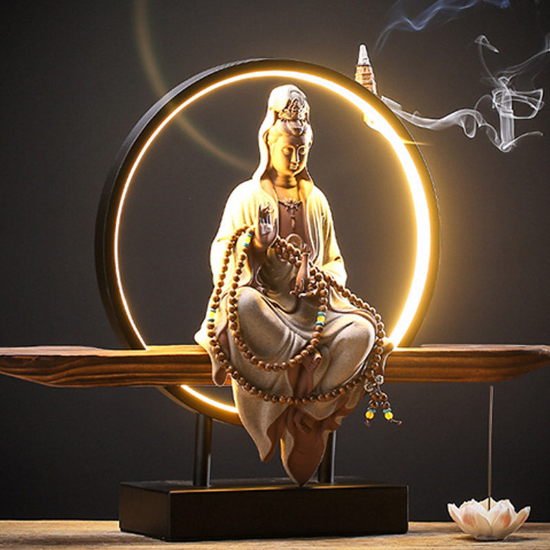 Buddha Stones Bouddha Avalokitesvara Céramique Lotus Relaxation Brûleur d'encens Décoration