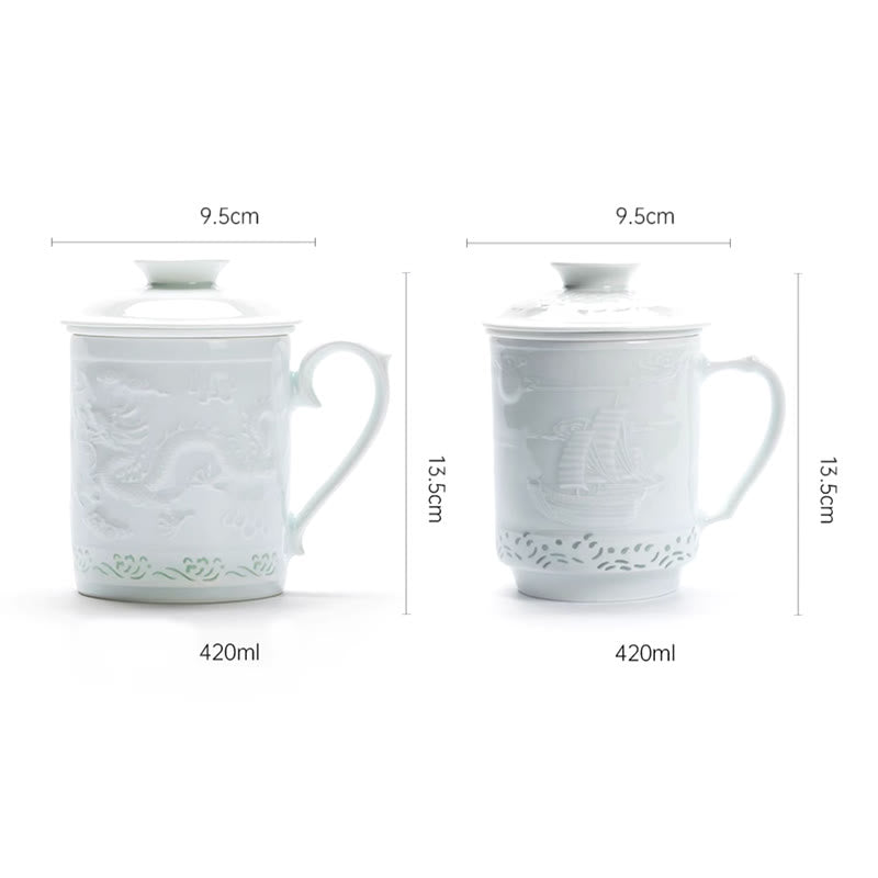 Buddha Stones Jingdezhen Linglong Porcelaine Auspicieux Dragon Phoenix Bateau Voile Douce Tasse à Thé en Céramique Tasses à Thé de Bureau 420 ml
