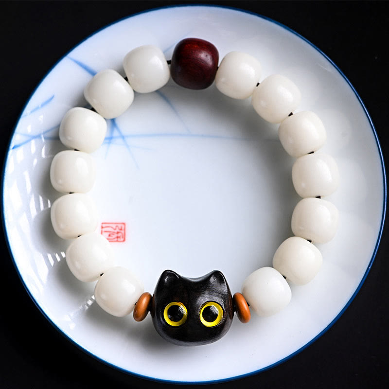 Bracelet de sagesse en Buddha Stones, graine de Bodhi naturelle, petite feuille, bois de santal rouge, bois d'ébène, joli chat porte-bonheur - image 11