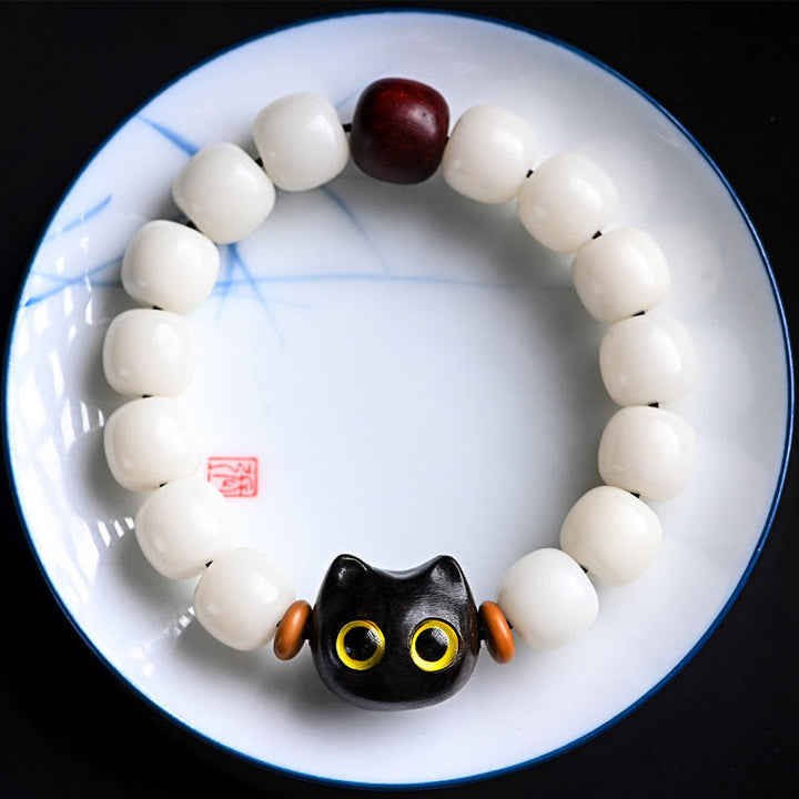 Bracelet de sagesse en Buddha Stones, graine de Bodhi naturelle, petite feuille, bois de santal rouge, bois d'ébène, joli chat porte-bonheur - image 11
