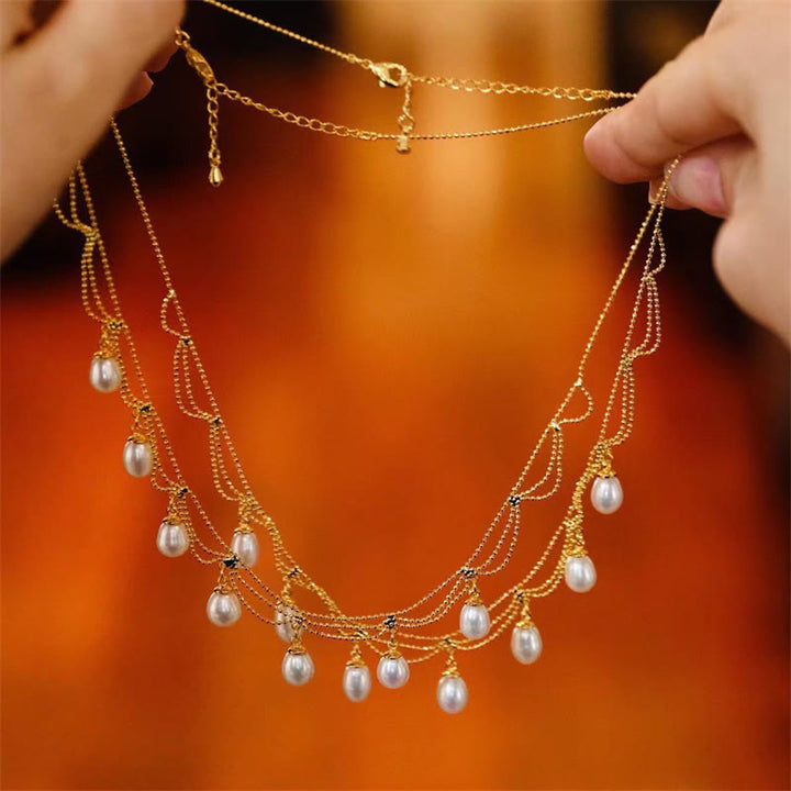 Collier pendentif multicouches de guérison en perles de perles plaquées or 14 carats vintage