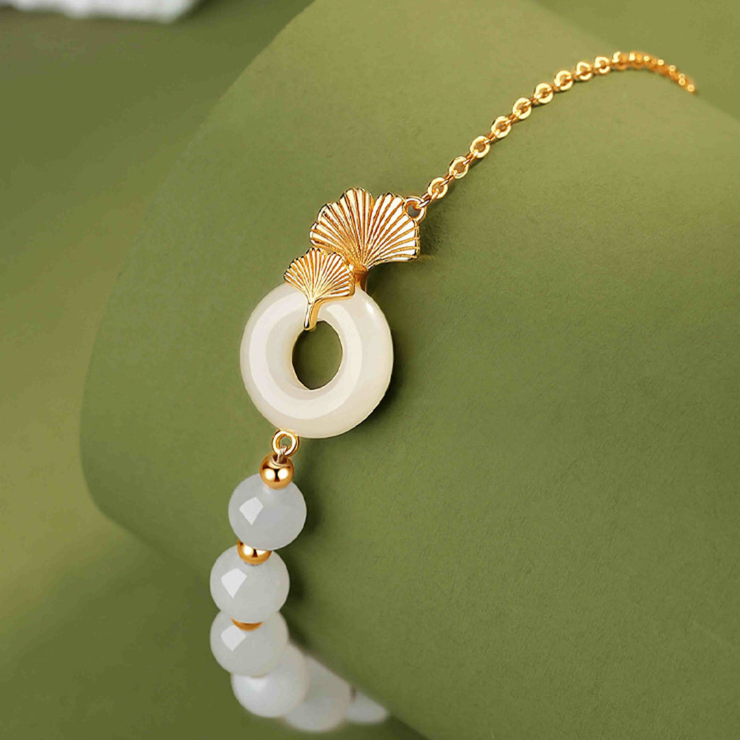 Bracelet Buddha Stones -bonheur en argent sterling 925 avec boucle de paix en jade blanc Hetian et feuilles de ginkgo - image 3