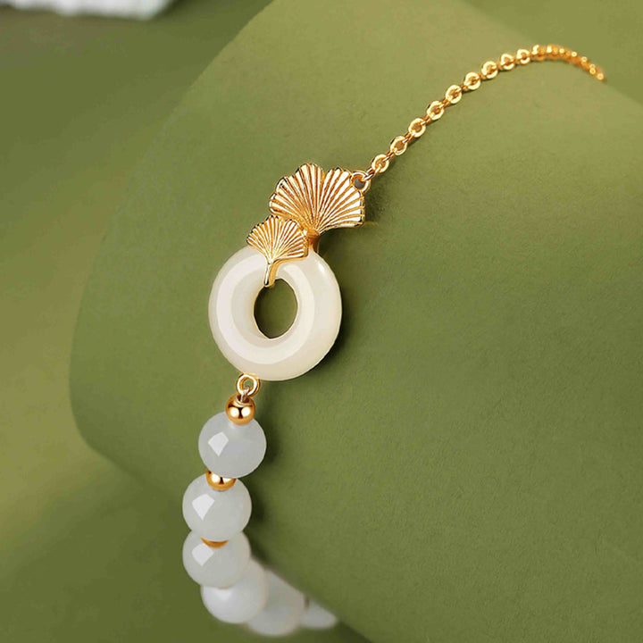 Bracelet Buddha Stones -bonheur en argent sterling 925 avec boucle de paix en jade blanc Hetian et feuilles de ginkgo - image 3