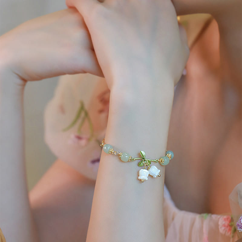 Bracelet chaîne de prospérité en perles de jade vert et muguet de Buddha Stones