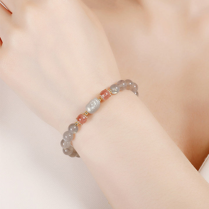 Bracelet de guérison PiXiu en aigue- Buddha Stones, quartz fraise, améthyste et pierre de lune