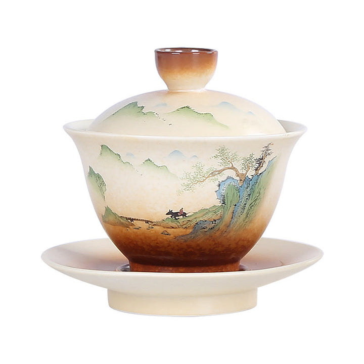 Buddha Stones Paysage de montagne Campagne Céramique Gaiwan Sancai Tasse à thé Kung Fu Tasse à thé et soucoupe avec couvercle