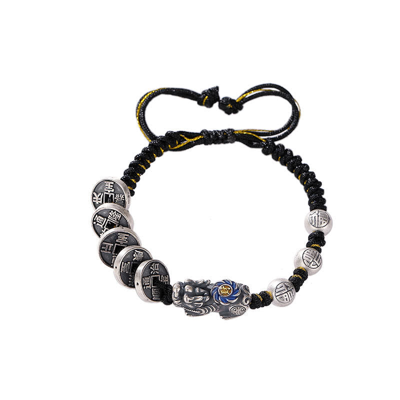 Bracelet tressé en argent sterling 999 Buddha Stones FengShui PiXiu et pièce de cuivre Fu Character Wealth