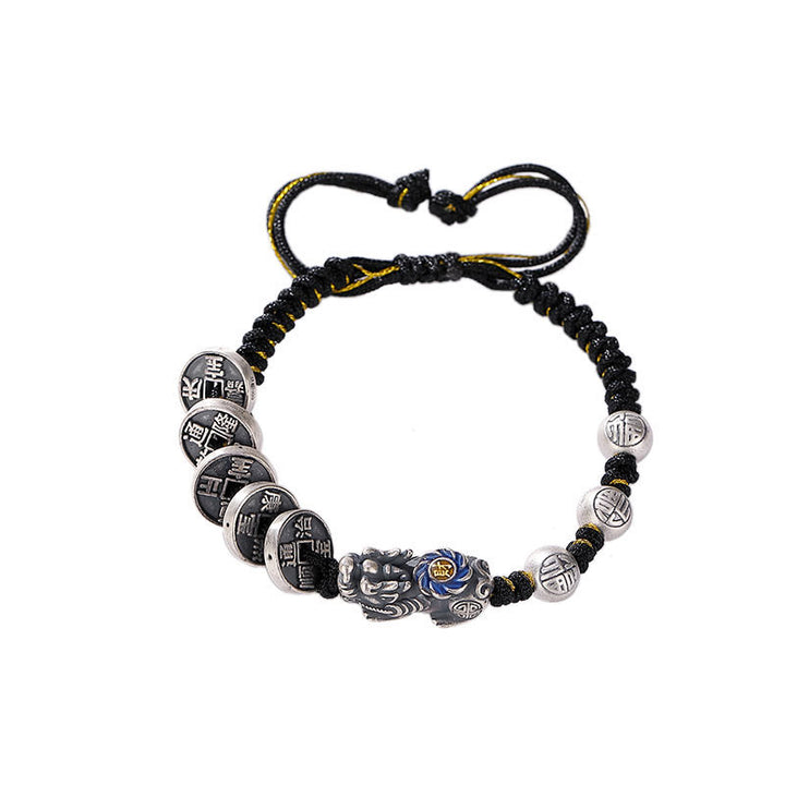 Bracelet tressé en argent sterling 999 Buddha Stones FengShui PiXiu et pièce de cuivre Fu Character Wealth