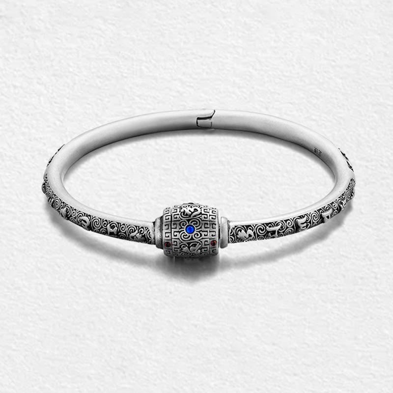 Bracelet de créativité gravé en argent sterling 990 Buddha Stones et nuages de bon augure tibétains Om Mani Padme Hum