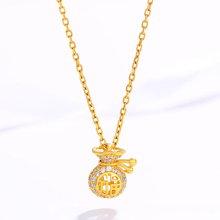 Collier avec pendentif en forme de sac d'argent en plaqué or 24 carats avec personnage Fu