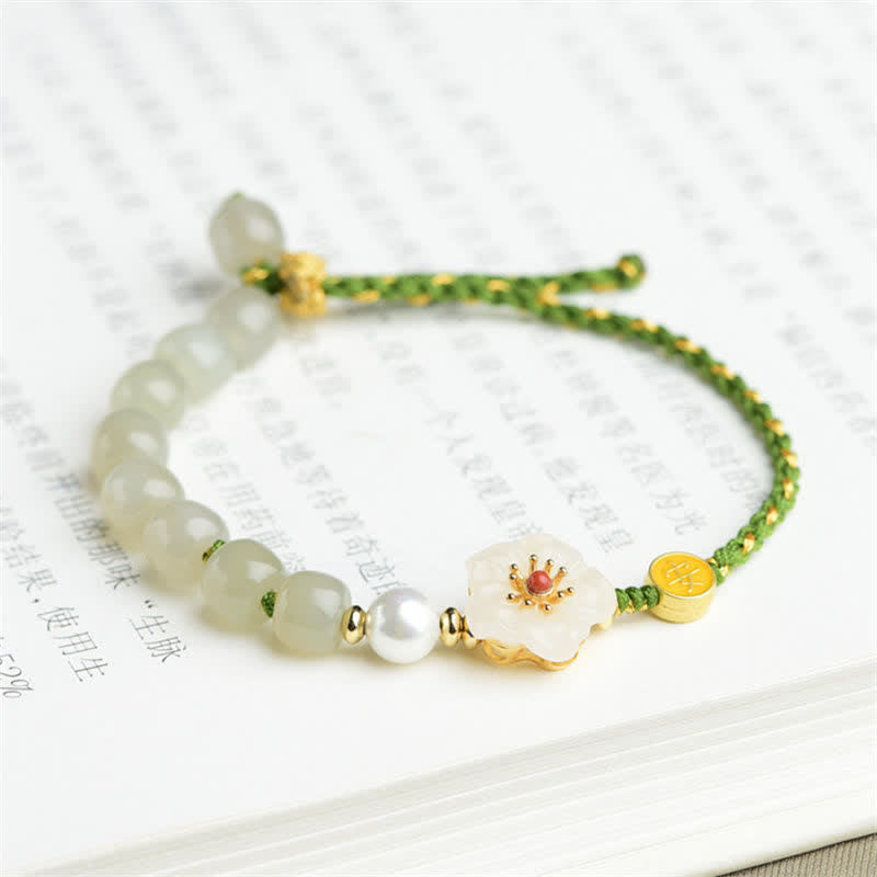 Bracelet porte-bonheur en argent sterling 925 avec jade naturel Hetian et fleur de pêcher