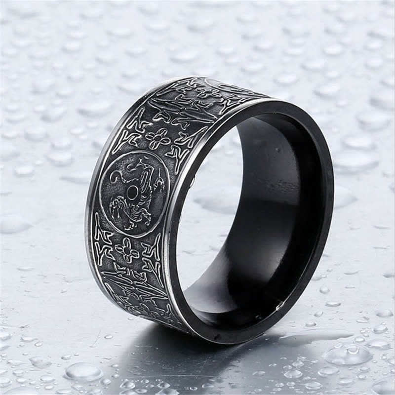 Bague porte-bonheur sculptée en basalte de Suzaku avec quatre Buddha Stones, dragon, bête gardienne, tigre blanc