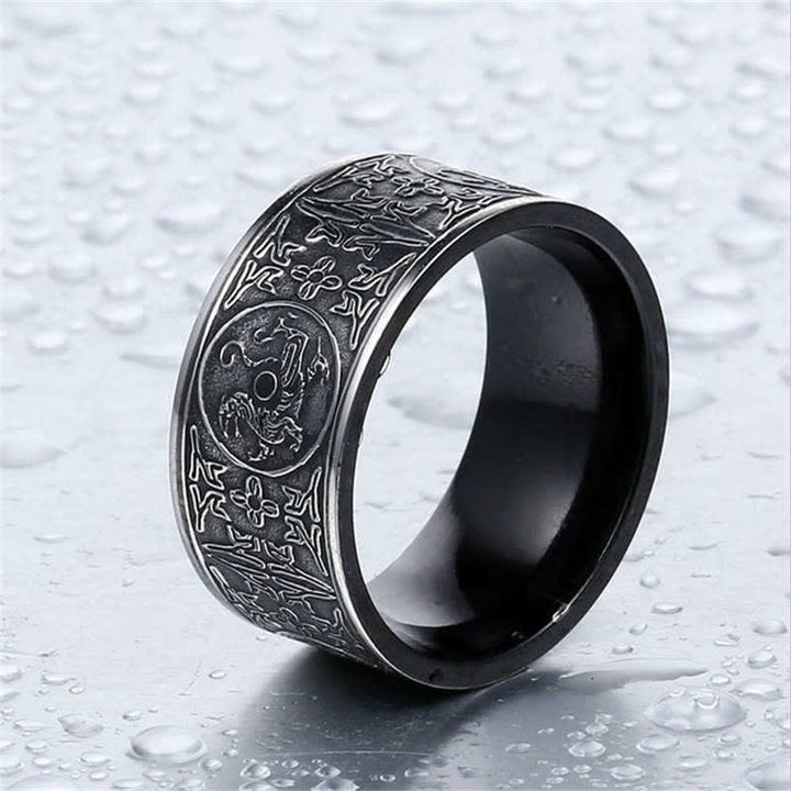 Bague porte-bonheur sculptée en basalte de Suzaku avec quatre Buddha Stones, dragon, bête gardienne, tigre blanc