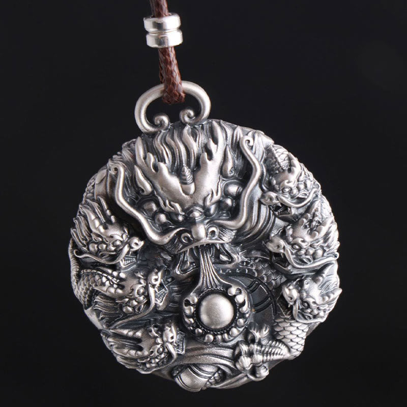 Collier de protection Buddha Stones en argent 999 Neuf dragons jouant avec une perle Pendentif de protection de la chance
