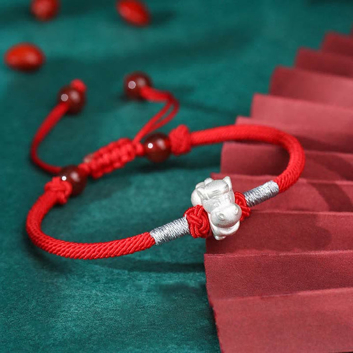 Bracelet en argent sterling 999 avec Buddha Stones et signe du zodiaque chinois, cordon rouge, force et chance