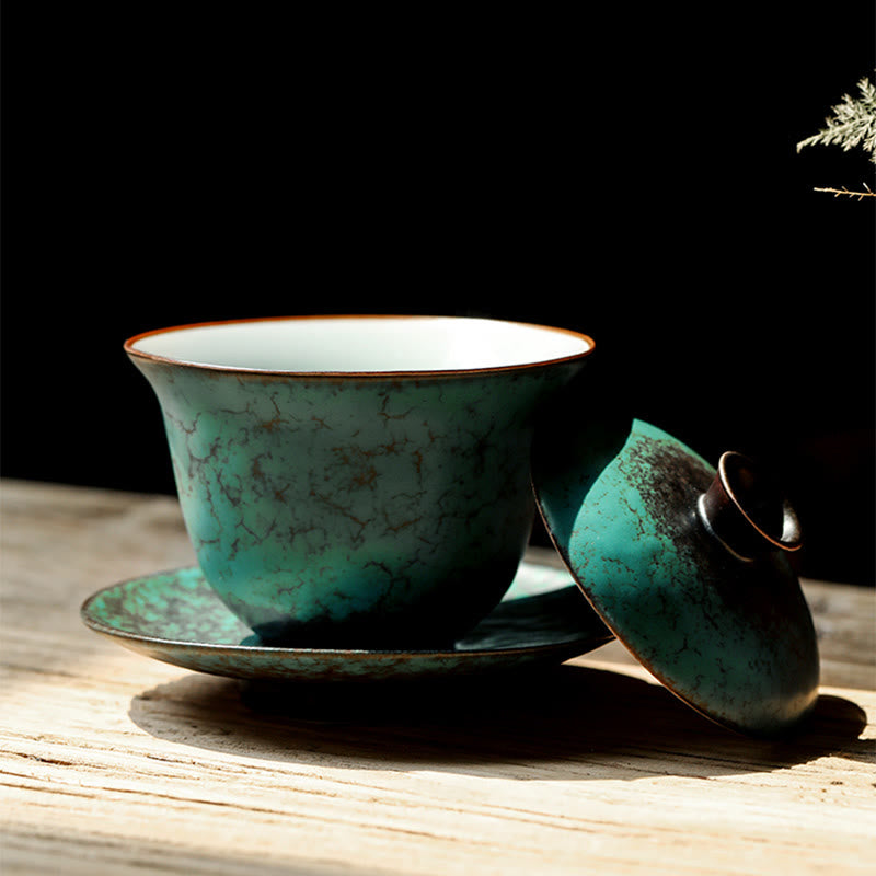 Tasse à thé et soucoupe en céramique émaillée verte rétro Buddha Stones Gaiwan Sancai Tasse à thé Kung Fu et soucoupe avec couvercle