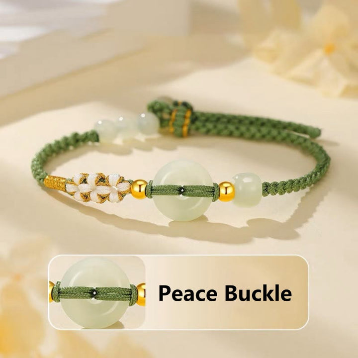 Bracelet tressé en jade Hetian Buddha Stones et boucle de paix porte-bonheur en fleur de pêcher