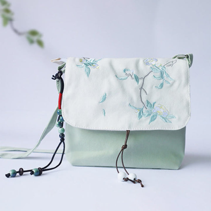 Sac à bandoulière en toile brodé à la main avec des Buddha Stones et des fleurs de prunier