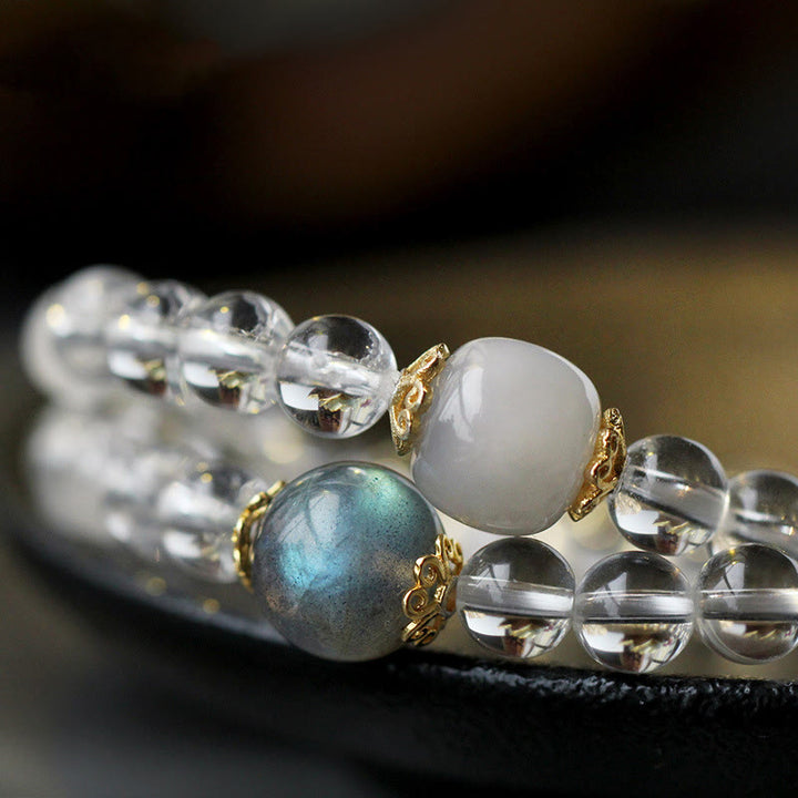 Bracelet triple tour de méditation en cristal blanc avec Bouddha du zodiaque chinois en argent sterling 925 et Buddha Stones