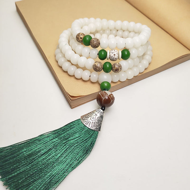 Bracelet de protection en 108 perles de Mala en graines de Bodhi blanches