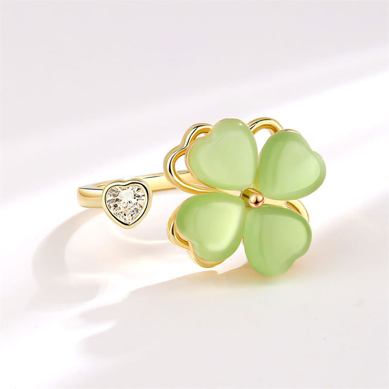 Bague rotative en zircon avec trèfle à quatre feuilles et œil de chat en Buddha Stones