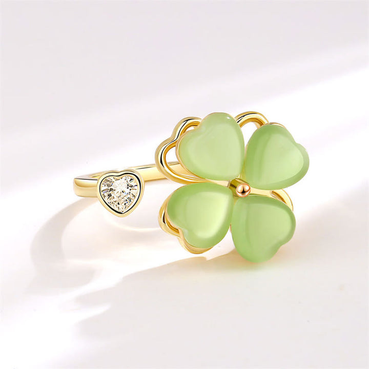 Bague rotative en zircon avec trèfle à quatre feuilles et œil de chat en Buddha Stones
