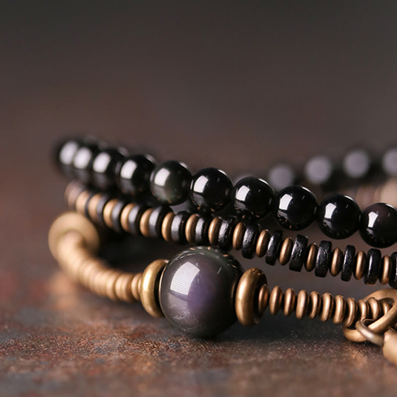 Bracelet triple tour de guérison en cuivre et bois d'ébène avec Buddha Stones arc-en-ciel et obsidienne